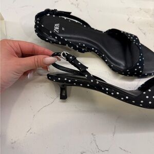 Zara Black White Polka Dot Slingback Kitten Heel